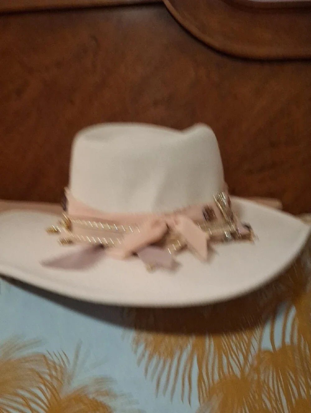 CUSTOM WINE CHARM HAT. Cream Women's Felt Wide-Brim Hat with Pink Band
